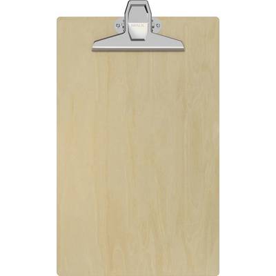 Ein schlichtes Holzklemmbrett mit einer Metallklammer am oberen Ende zum Festhalten von Papieren.