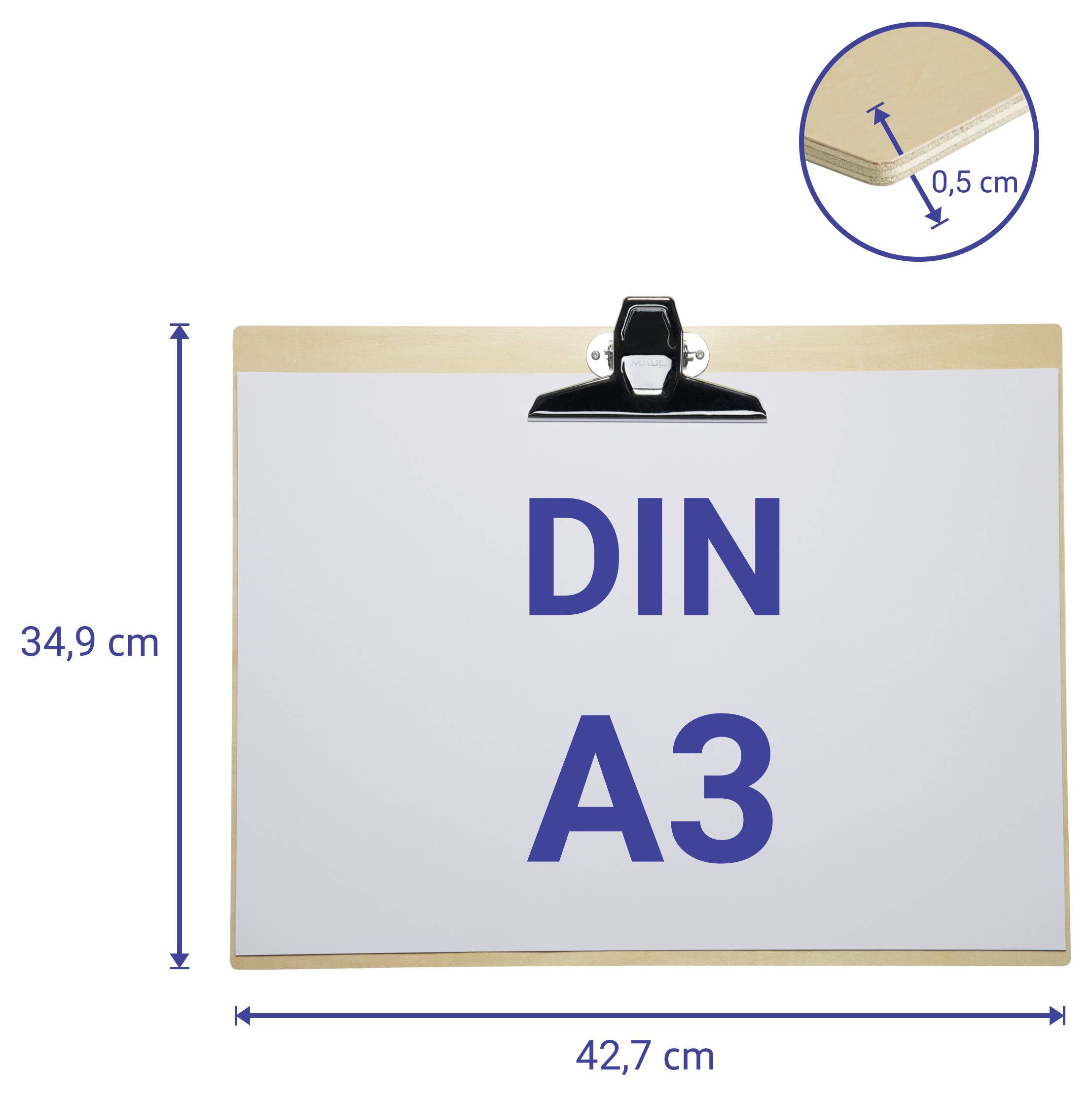 Klemmbrett mit einem Blatt im Format DIN A3, mit Abmessungen von 42,7 cm x 34,9 cm und einer Dicke von 0,5 cm.