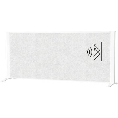 Ein großes weißes Panel mit einem Symbol, das Schallwellen zeigt, die absorbiert und gestreut werden, und somit die akustischen Absorptionseigenschaften symbolisiert.