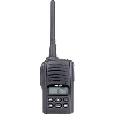 Ein schwarzes tragbares Funkgerät mit Antenne, auf dessen Display die Zahl '16' angezeigt wird. Die Vorderseite zeigt Tasten mit den Beschriftungen 'CH', 'SCAN', 'SET'.