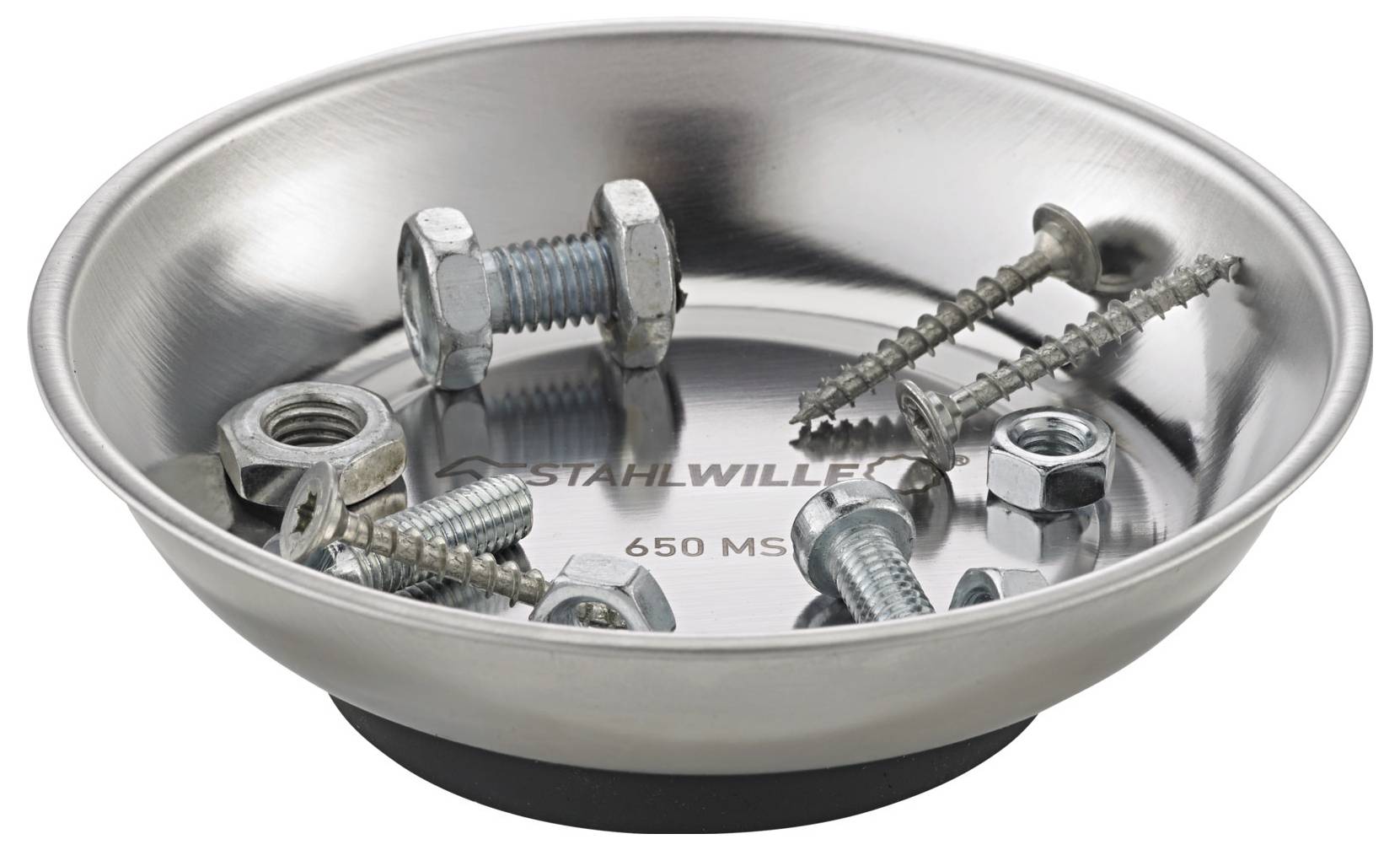 Eine kleine Metallschale enthält Schrauben, Bolzen und Muttern. Auf ihrem Boden ist der Markenname 'Stahlwille 650 MS' eingraviert.