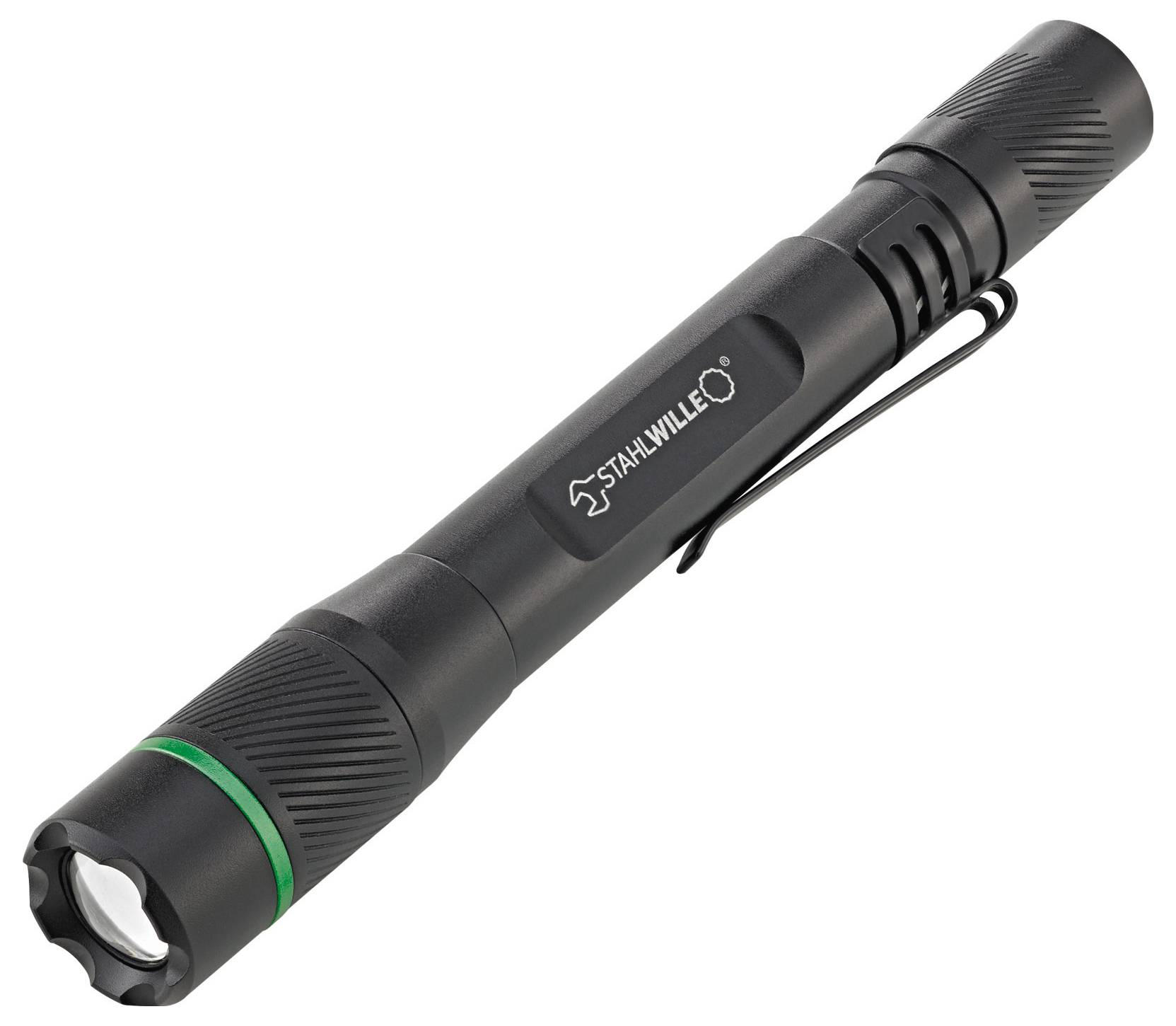 Eine schwarze Handtaschenlampe mit einer Klammer an der Seite, ausgestattet mit einem grünen Ring in der Nähe der Linse, markiert mit 'STAHLWILLE'.