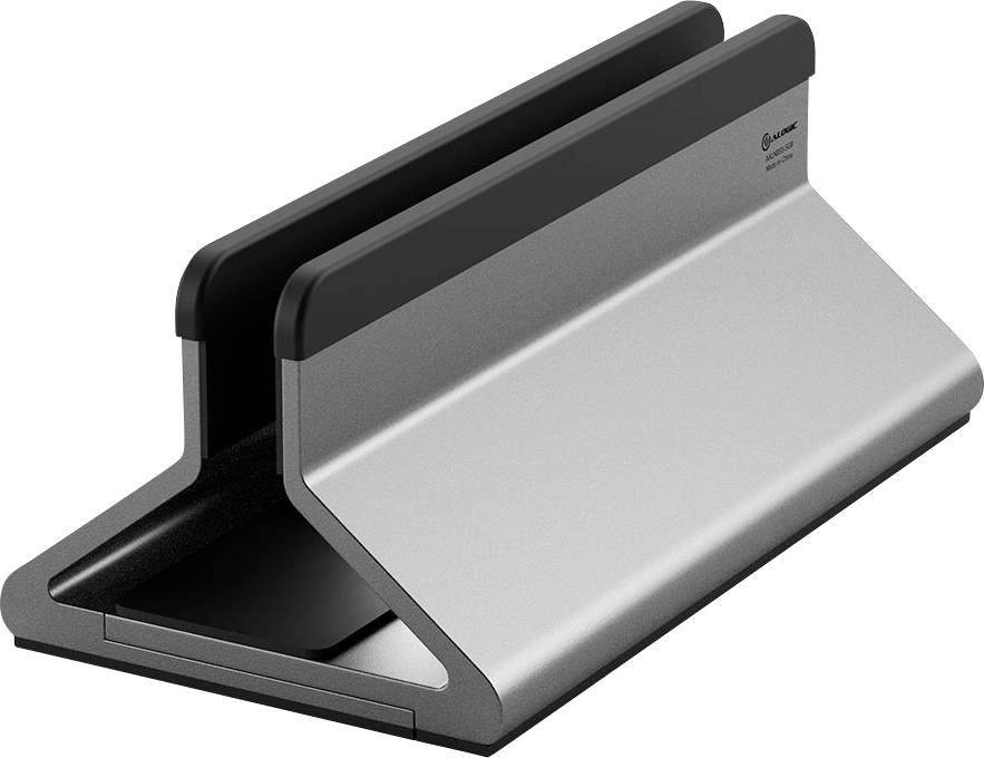 Ein schlanker, abgewinkelter Laptopständer mit modernem Schwarz-Silber-Design, entwickelt, um einen geschlossenen Laptop vertikal für platzsparende Aufbewahrung zu halten.