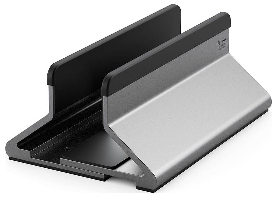 Ein schlanker silberner und schwarzer vertikaler Laptopständer, der entwickelt wurde, um einen geschlossenen Laptop zu halten. Der Ständer verfügt über ein minimalistisches, modernes Design.
