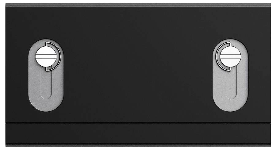 Eine schwarze VHS-Kassette, von oben betrachtet, mit zwei metallischen Spulen.
