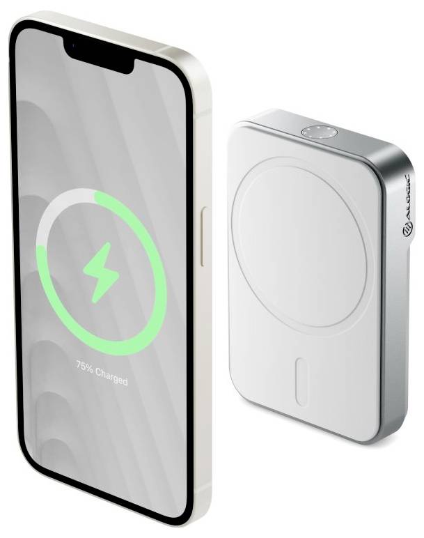 Ein Smartphone und ein drahtloser Ladegerät. Der Bildschirm des Telefons zeigt eine Anzeige mit '75% geladen' und einem Ladesymbol, was das drahtlose Laden veranschaulicht.