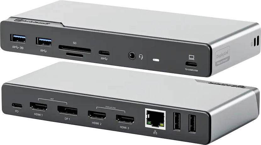 Eine Docking-Station mit Dual-View und mehreren Anschlüssen, darunter USB, HDMI, DisplayPort, Ethernet und Audioeingang zum Anschluss verschiedener Geräte.