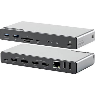 Eine Docking-Station mit Dual-View und mehreren Anschlüssen, darunter USB, HDMI, DisplayPort, Ethernet und Audioeingang zum Anschluss verschiedener Geräte.