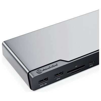 Ein elektronisches Gerät der Marke 'Alogic' mit mehreren Anschlüssen, möglicherweise ein Hub, der USB- und SD-Kartensteckplätze an seiner Seite aufweist.