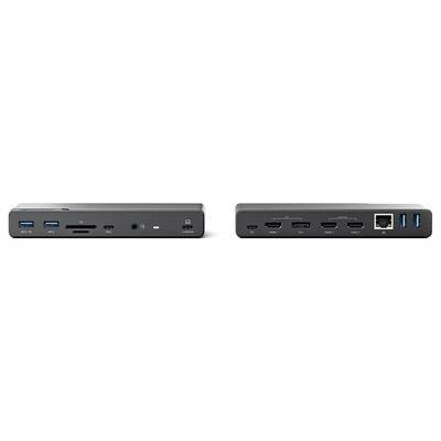 Das Bild zeigt die Vorder- und Rückansicht einer grauen Dockingstation mit verschiedenen Anschlüssen wie USB, Ethernet, HDMI und Audio.