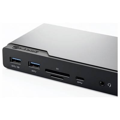 Eine schwarze Dockingstation mit zwei USB-Anschlüssen, einem SD-Kartensteckplatz, einem USB-C-Anschluss und einem Kopfhöreranschluss an der Vorderseite.