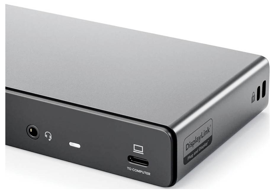 Schwarze rechteckige Dockingstation mit einem USB-C-Anschluss, beschriftet mit ‚ZUM COMPUTER', Kopfhörerbuchse und ‚DisplayLink Plug and Display' Branding.