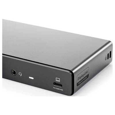 Schwarze rechteckige Dockingstation mit einem USB-C-Anschluss, beschriftet mit ‚ZUM COMPUTER', Kopfhörerbuchse und ‚DisplayLink Plug and Display' Branding.