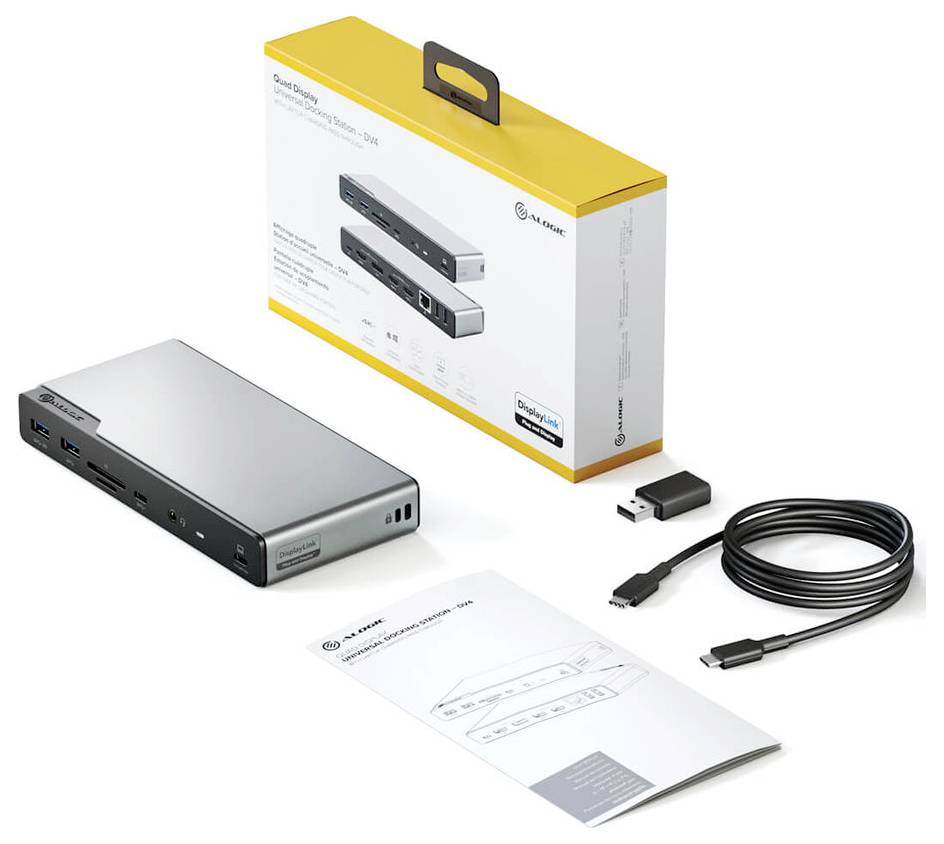 ALOGIC USB-C Docking Station, dargestellt mit Verpackung, Kabel und Bedienungsanleitung. Silberfarbenes Gerät mit mehreren Anschlüssen für Konnektivität.