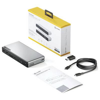 ALOGIC USB-C Docking Station, dargestellt mit Verpackung, Kabel und Bedienungsanleitung. Silberfarbenes Gerät mit mehreren Anschlüssen für Konnektivität.