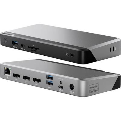 Eine Docking-Station mit Doppelansicht, die verschiedene Anschlüsse wie HDMI, USB-C, USB-A, SD-Kartenslot, Ethernet und Kopfhörerbuchse zeigt.