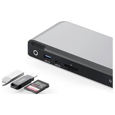 Ein Gerät mit verschiedenen Anschlüssen, darunter USB, SD-Karten- und microSD-Steckplätze. In der Nähe befinden sich USB- und SD-Karten, die auf Datentransferfähigkeiten hinweisen.