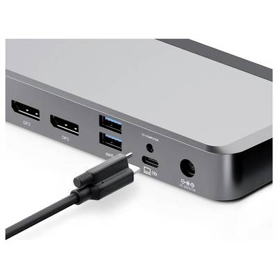 Eine Dockingstation mit mehreren Anschlüssen, einschließlich DisplayPorts, USB-Ports und einem Stromversorgungsanschluss, dargestellt mit einem USB-C-Kabel, das eingesteckt ist.