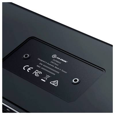 'ALOGIC TV-Halterung DFP62', zeigt Montagehalterung auf der Rückseite mit Produktdetails, hergestellt in Taiwan, Platzhalter für Serien- und MAC-Nummer.