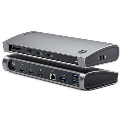 Eine schlanke, graue elektronische Dockingstation mit mehreren Anschlüssen, darunter USB-C, USB 3.0, Ethernet und Audioeingang für Konnektivität.