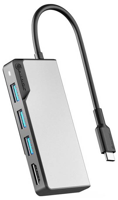 Alogic USB-C Docking Station mit drei USB-Anschlüssen, SD-Kartenslot und USB-C-Anschluss. Kompaktes Design für Computeranschluss.