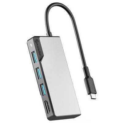Alogic USB-C Docking Station mit drei USB-Anschlüssen, SD-Kartenslot und USB-C-Anschluss. Kompaktes Design für Computeranschluss.