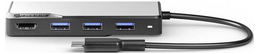 Ein USB-C-Hub mit vier Anschlüssen: einem HDMI-Ausgang, drei USB-3.0-Ports und einem Verbindungskabel, der zur Erweiterung der Konnektivitätsoptionen eines Computers verwendet wird.