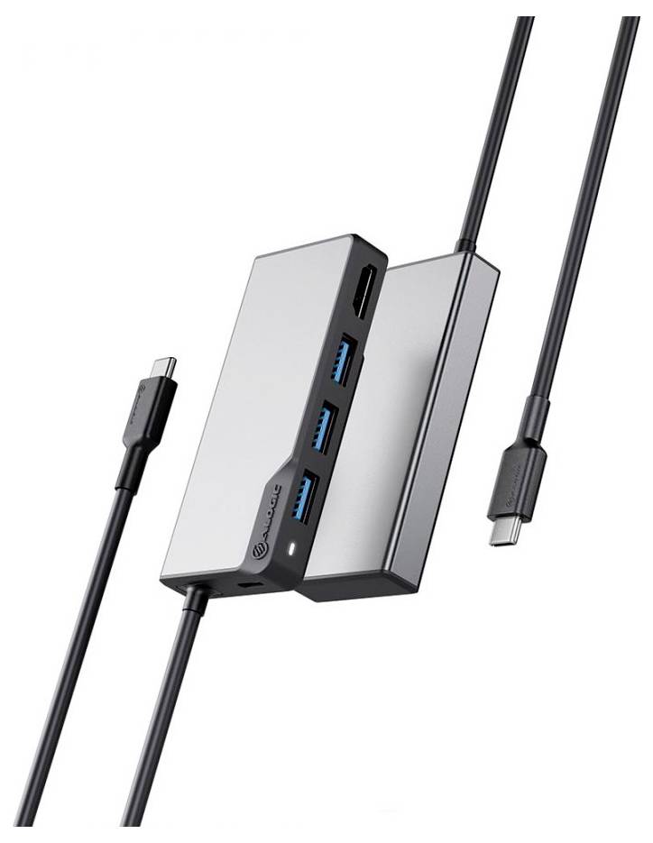 Ein USB-C-Hub mit mehreren Anschlüssen, darunter USB-A und HDMI, ist über Kabel verbunden und dafür ausgelegt, verschiedene Geräte anzuschließen.