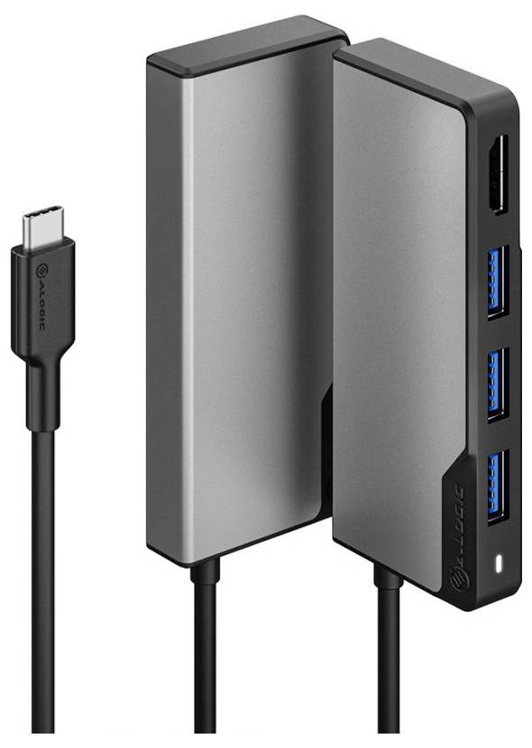 Ein USB-C-Hub mit mehreren Anschlüssen, einschließlich dreier USB-A-Ports und HDMI, zusammen mit einem USB-C-Verbindungskabel, konzipiert zur Erweiterung der Gerätevernetzung.