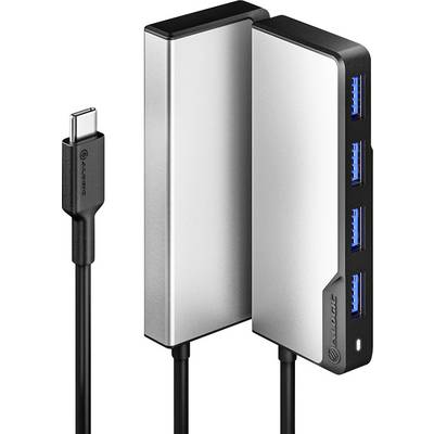 Ein USB-C-Hub mit mehreren USB-Anschlüssen, in einem schlanken silbernen Design, wird zusammen mit einem USB-C-Verbindungskabel präsentiert.