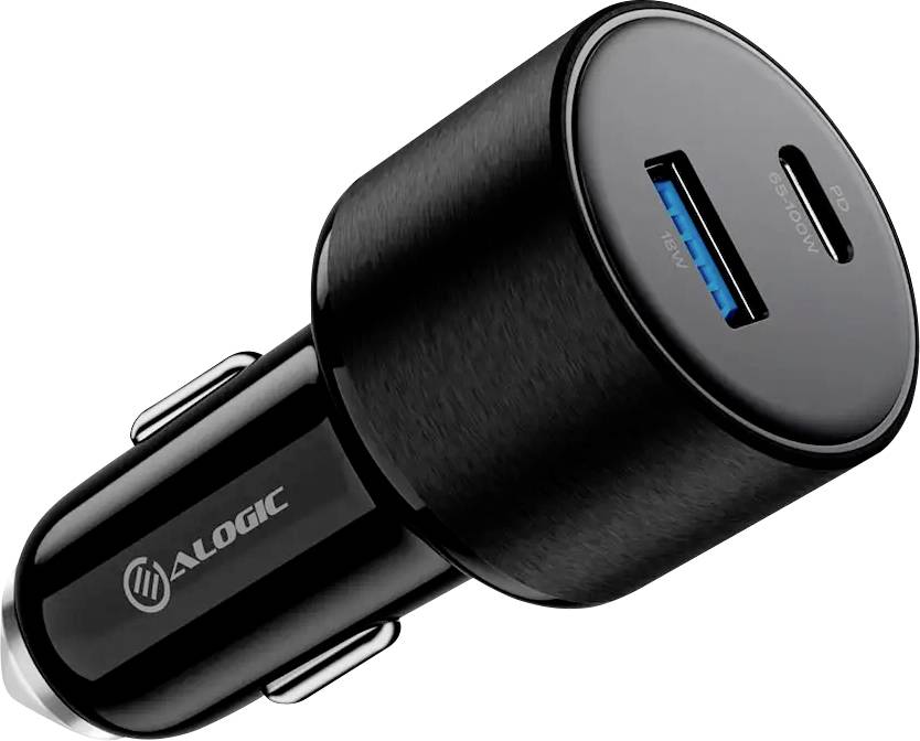 Ein schwarzer, kompakter Autoladegerät mit zwei USB-Anschlüssen, bestehend aus einem USB-A und einem USB-C-Anschluss, entwickelt zum Laden von Geräten unterwegs.