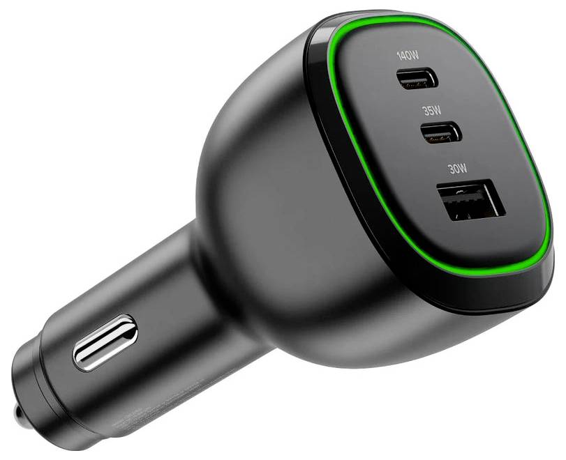 Ein schwarzer Autoladegerät mit drei Anschlüssen: zwei USB-C-Ports mit der Beschriftung „140W" und „35W" sowie ein USB-A-Port mit der Beschriftung „30W", mit einem grünen LED-Umriss.