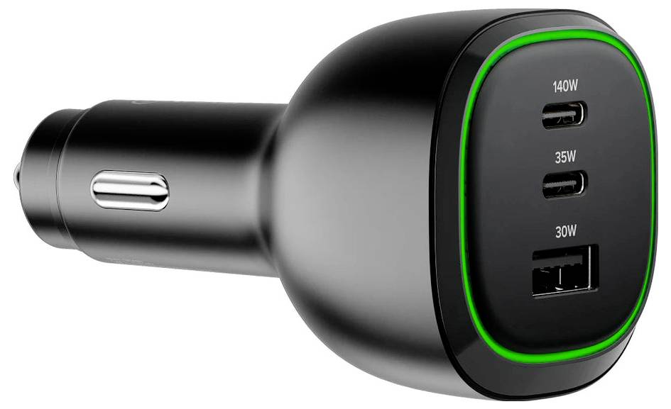 Ein schwarzer Autoladegerät mit zwei USB-C-Anschlüssen, beschriftet mit '140W' und '35W', sowie einem USB-A-Anschluss, beschriftet mit '30W'. Grüner Umriss um die Anschlüsse.