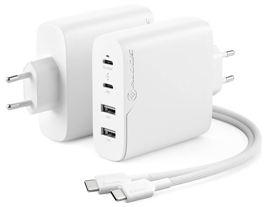 Ein weißer Wandladegerät mit drei USB-Anschlüssen, beschriftet mit '65–100W', '18W' und '18W', sowie ein geflochtenes USB-C-Kabel.