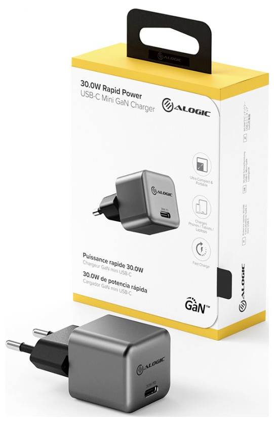 '30,0 W Schnelllade-USB-C Mini GaN-Ladegerät' Verpackung und Produkt, das ein kompaktes Wandladegerät mit USB-C-Anschluss präsentiert.