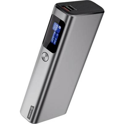 Eine metallische Powerbank mit einem Display zur Anzeige des Ladestatus. Sie verfügt über zwei USB-Anschlüsse und einen Einschaltknopf an der Seite.