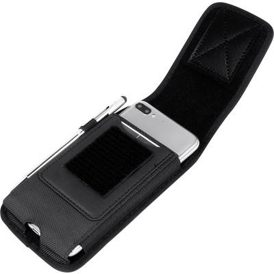 Ein schwarzer Stoff-Handyhalter mit einer offenen Klappe, die ein Handy und einen Stift im Inneren zeigt, mit einem Gürtelclip auf der Rückseite.