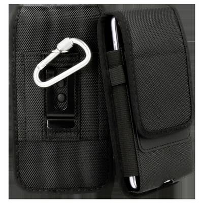 Eine schwarze Handyhülle mit Karabinerhaken und Gürtelschlaufe, entwickelt für sicheren Transport.