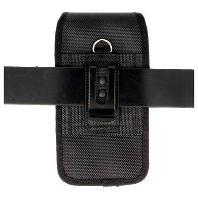 Ein schwarzes Leinwand- und Ledertelefon-Etui mit Gürtelclip und Metallring, entwickelt zum Anbringen an einem Gürtel.