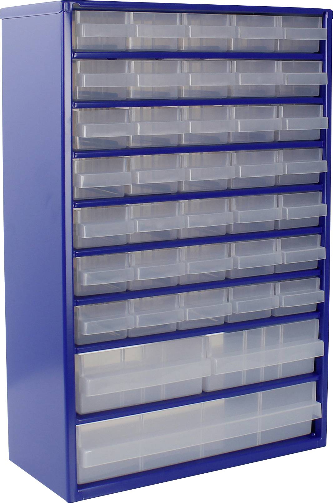 Ein blauer Aufbewahrungsschrank mit transparenten Kunststoffschubladen, die in mehreren Reihen angeordnet sind und für die Aufbewahrung von kleinen Gegenständen oder Werkzeugen konzipiert sind.
