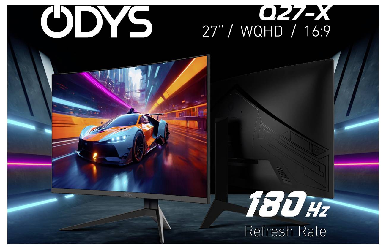 Ein Gaming-Monitor, der ein Autorennen-Spiel zeigt und dabei leuchtend neonfarben darstellt. Der Bildschirm hat die Texteinblendungen 'ODYS Q27-X', '27" / WQHD / 16:9' und '180 Hz Bildwiederholrate' darüber und darunter.