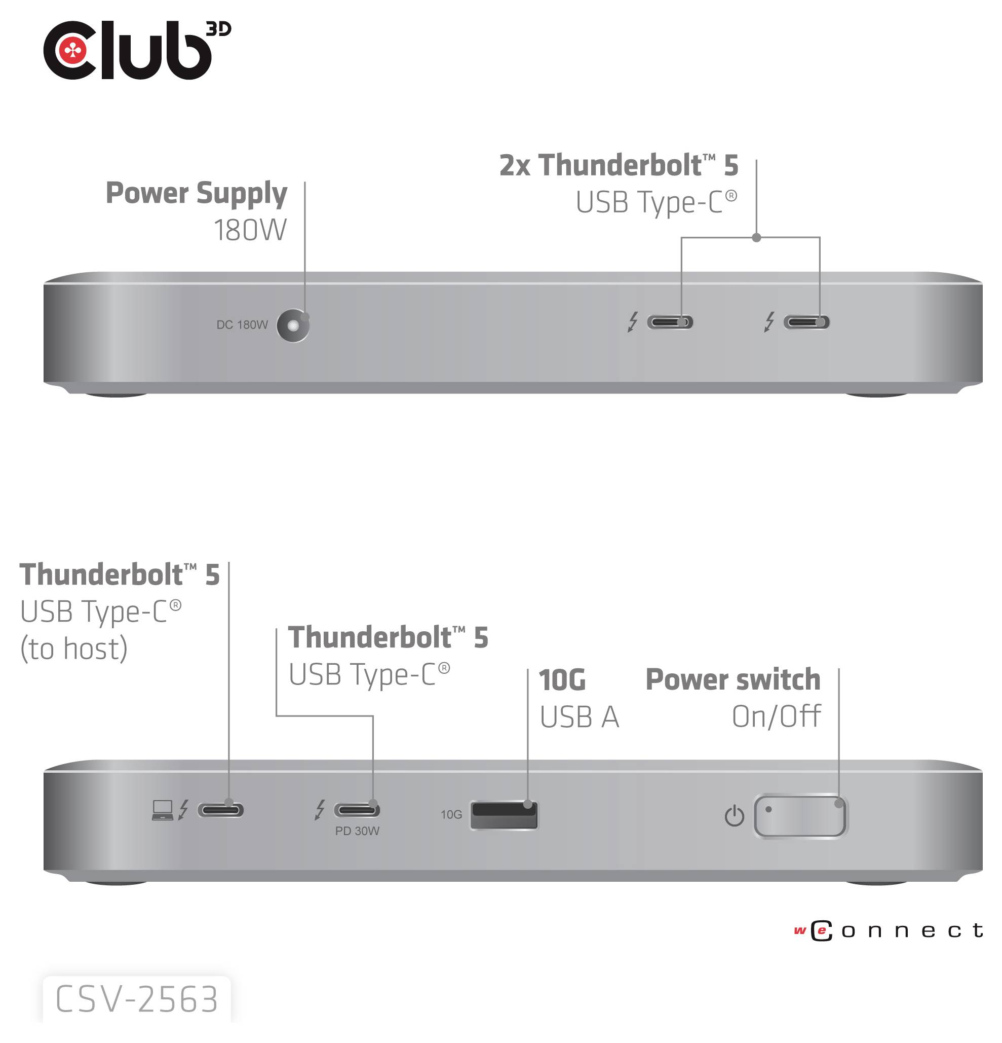 Club 3D Dockingstation mit mehreren Anschlüssen: 2 Thunderbolt 5, USB-C, USB-A, 10G, Netzteil und Schalter. Modell CSV-2563.