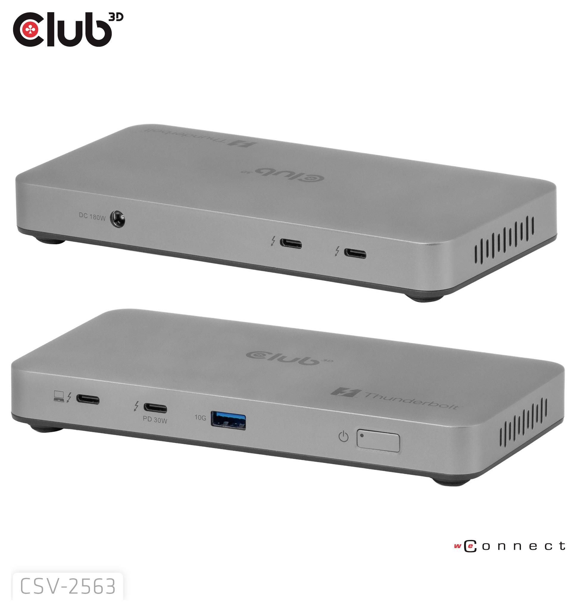 Dual-Ansicht einer silbernen Club3D Dockingstation mit mehreren Anschlüssen, darunter USB-C, HDMI und Ethernet. Modell CSV-2563 sichtbar.
