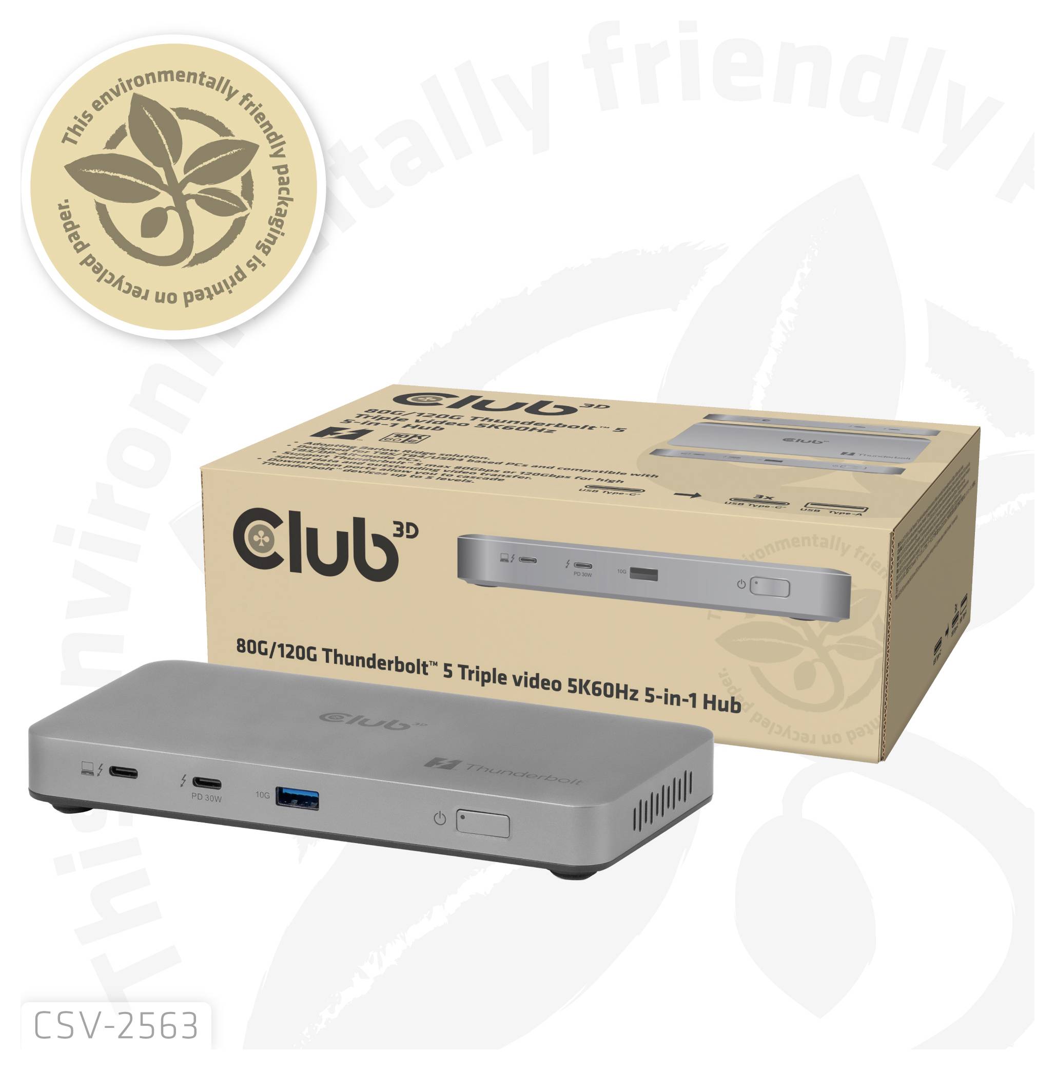 Thunderbolt 5 Hub für dreifache 5K-Videoausgabe, 5-in-1, 80G/120G mit Verpackung gezeigt. Enthält Anschlüsse und umweltfreundliches Etikett. Modell CSV-2563.