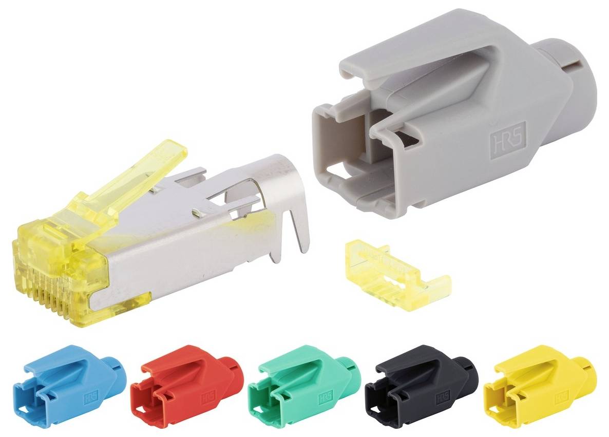 Ein modulares Steckverbinder-Set mit einem grauen Verbinder und bunten Clips in Blau, Rot, Grün und Schwarz für anpassungsfähige Netzwerklösungen.