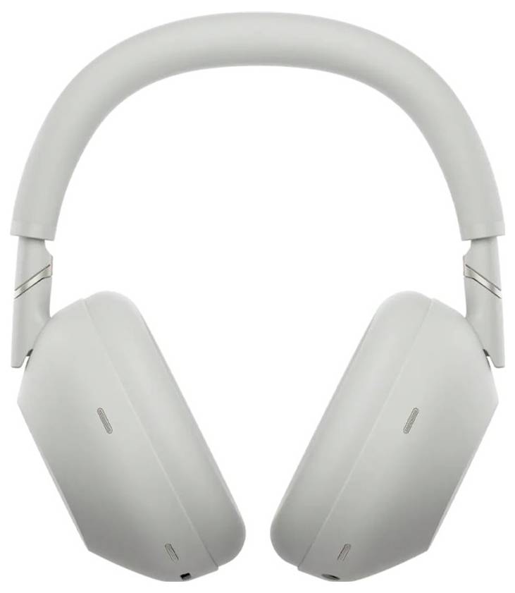 Ein Paar schlanke, moderne Over-Ear-Kopfhörer in hellem Grau, die ein minimalistisches Design mit gepolsterten Ohrmuscheln und einem verstellbaren Kopfbügel präsentieren.