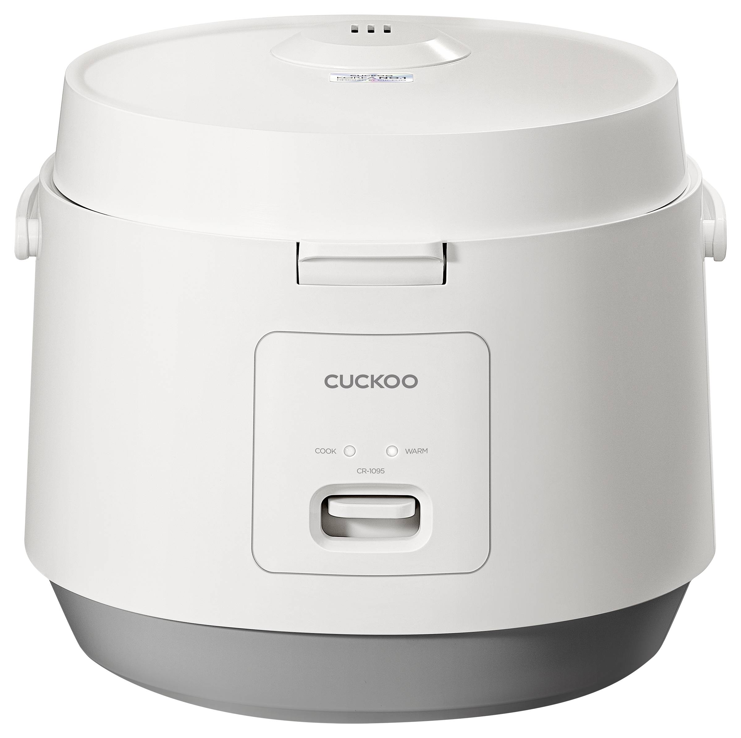 Weißer Reiskocher der Marke Cuckoo mit grauer Basis, ausgestattet mit einer einzigen Taste an der Frontseite. Geeignet zum Kochen und Warmhalten von Reis.