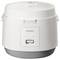 Weißer Reiskocher der Marke Cuckoo mit grauer Basis, ausgestattet mit einer einzigen Taste an der Frontseite. Geeignet zum Kochen und Warmhalten von Reis.
