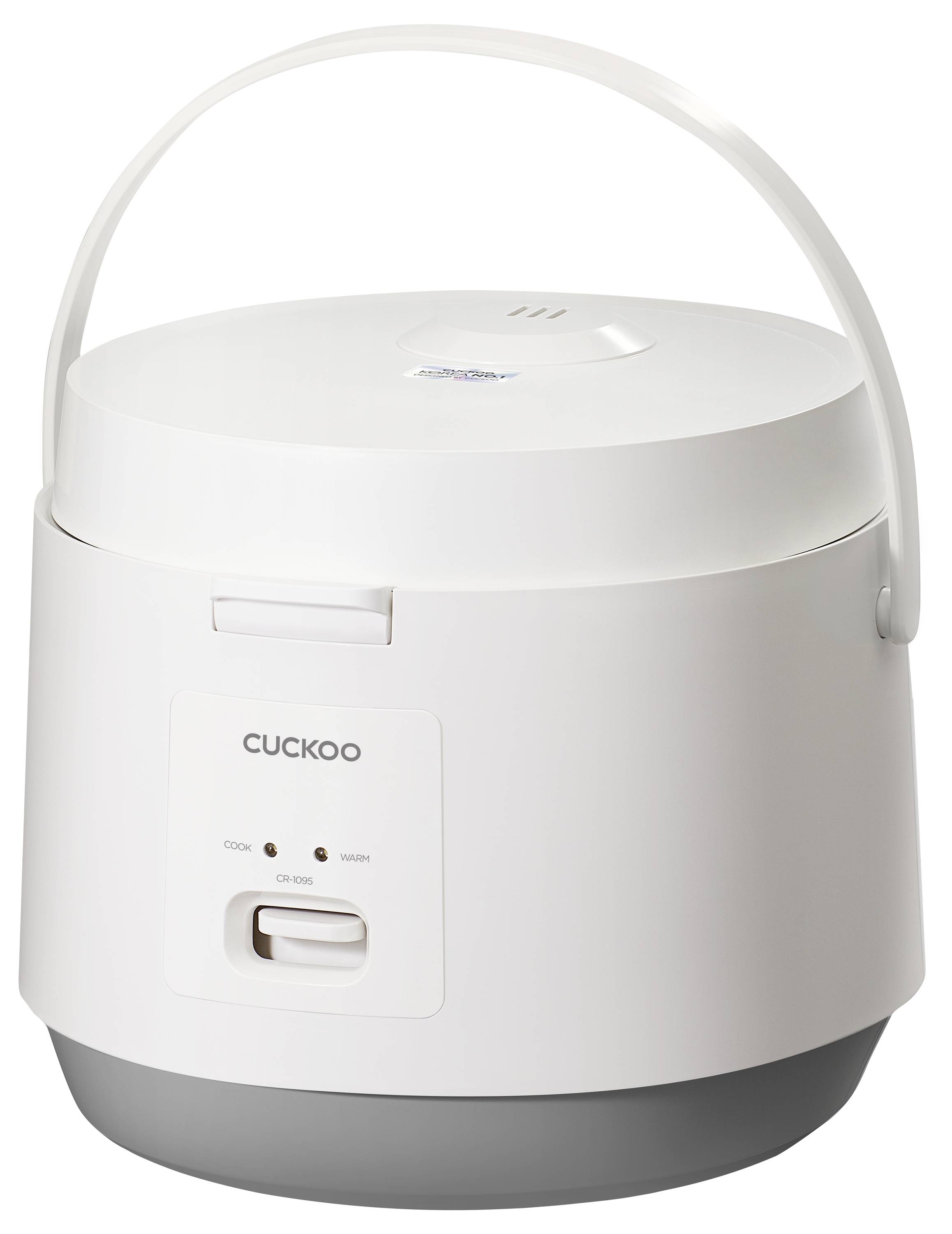 Ein weißer elektrischer Reiskocher mit einer grauen Basis, auf der Vorderseite mit 'CUCKOO' beschriftet, ausgestattet mit einem Bedienungsschalter und einem Tragegriff.