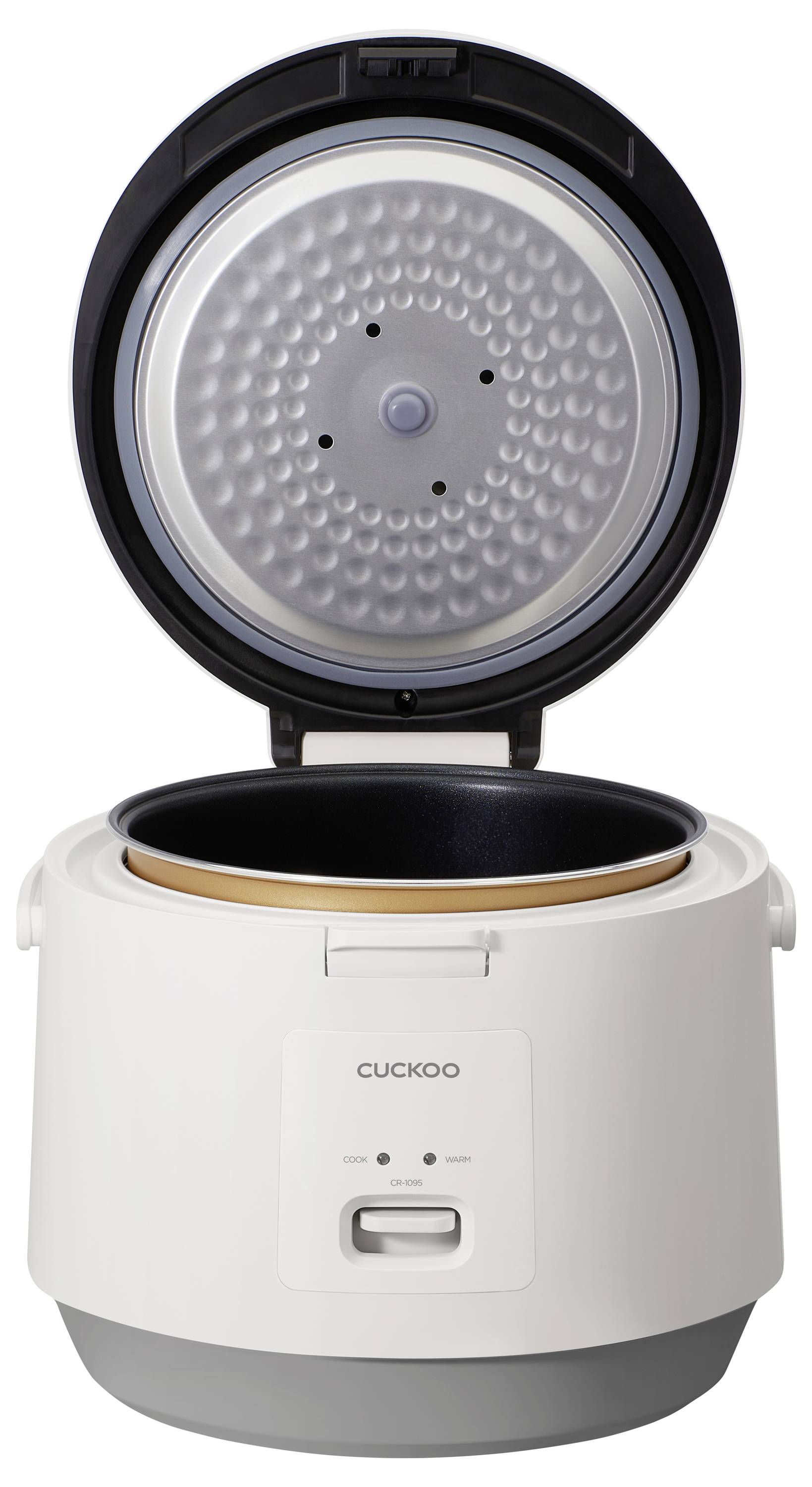 Ein weißer Reiskocher mit offener Deckelklappe, der den inneren Metallkochtopf zeigt. Das Bedienfeld verfügt über einen Schalter und den Markennamen 'CUCKOO'.